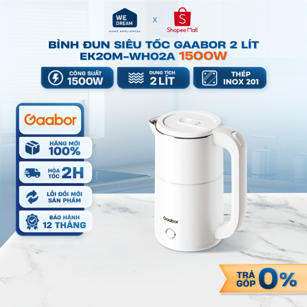 EK20M-WH02A - Bình Đun Siêu Tốc Gaabor 2 Lít EK20M-WH02A 1500W - Hàng Chính Hãng, Mới 100%