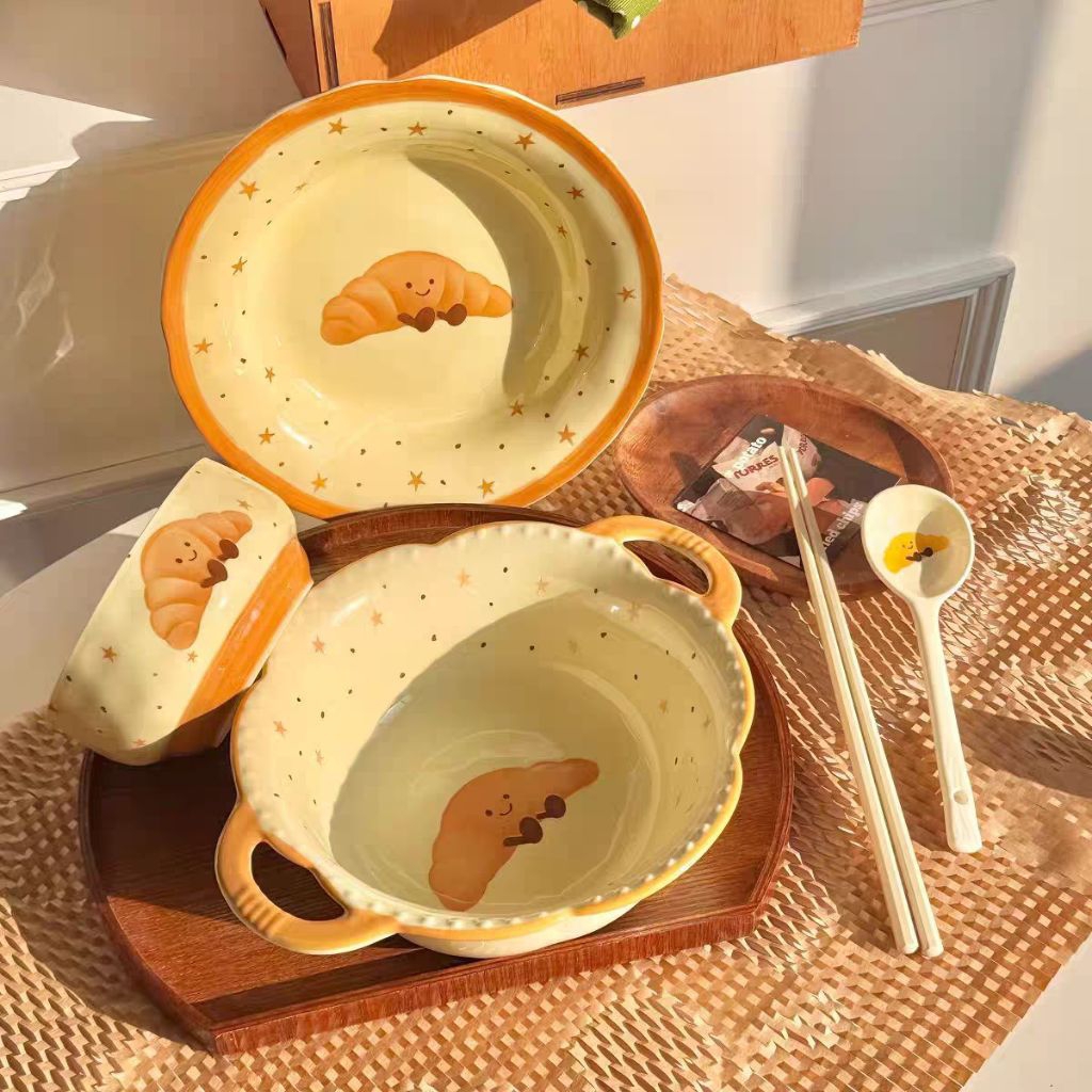 [BỘ 6 SP] Bát Đĩa Sứ Hình Bánh Mì Vàng Cute - Tô Chén Ăn Mì, Decor Siêu Xinh
