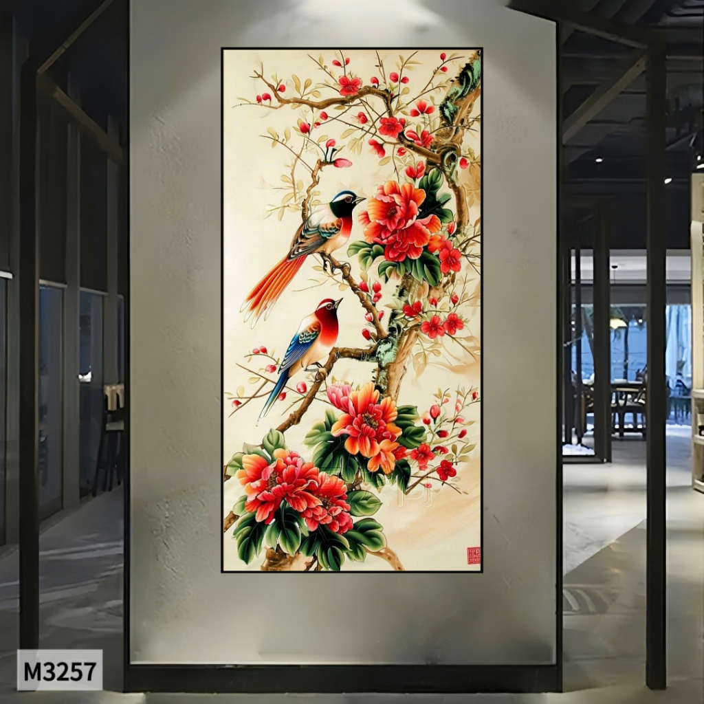 Tranh vải canvas đóng khung tro tường về chim Trĩ và hoa mẫu đơn đẹp, decor phòng, tranh trí nhà.