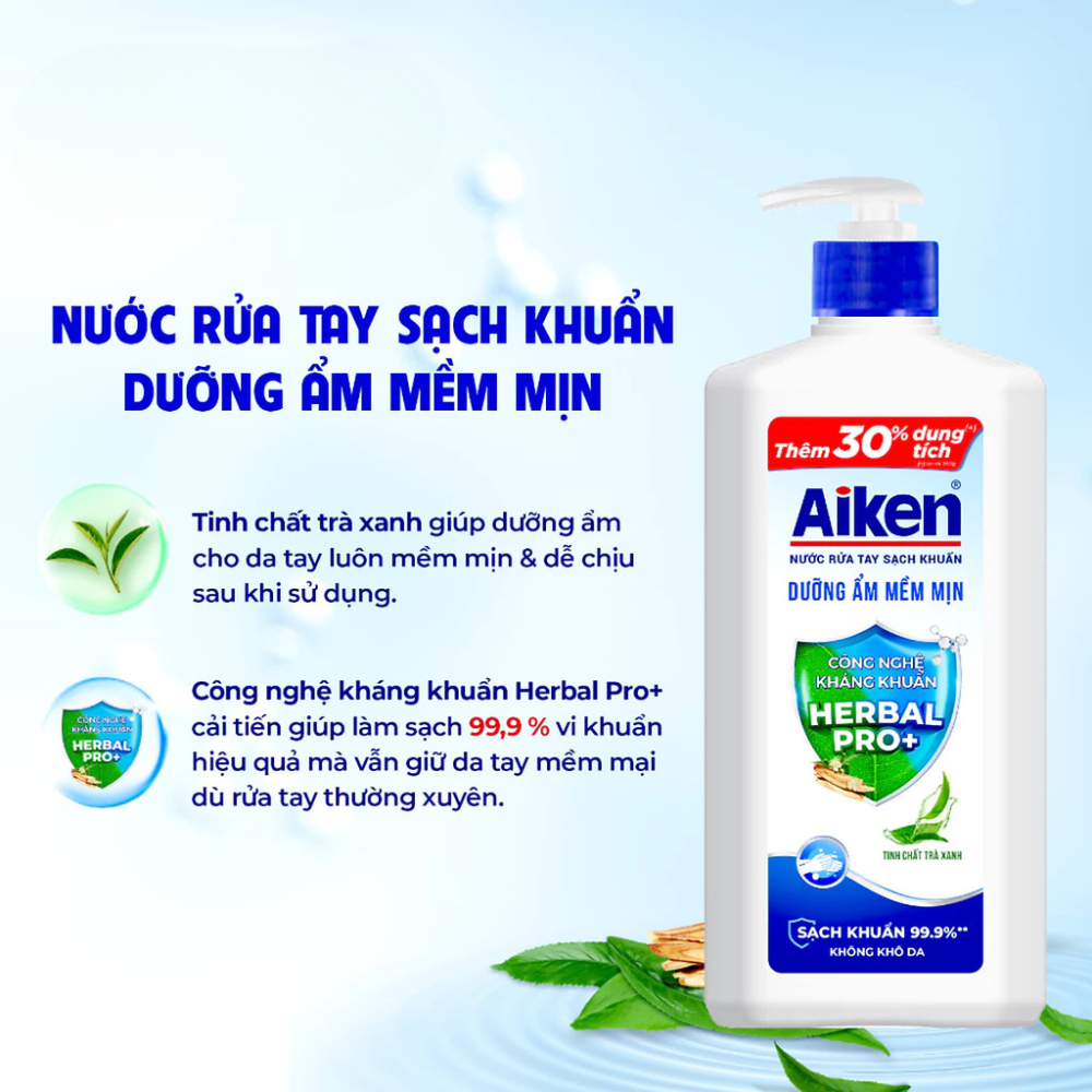 Nước rửa tay Aiken Sạch khuẩn Dưỡng ẩm 380G