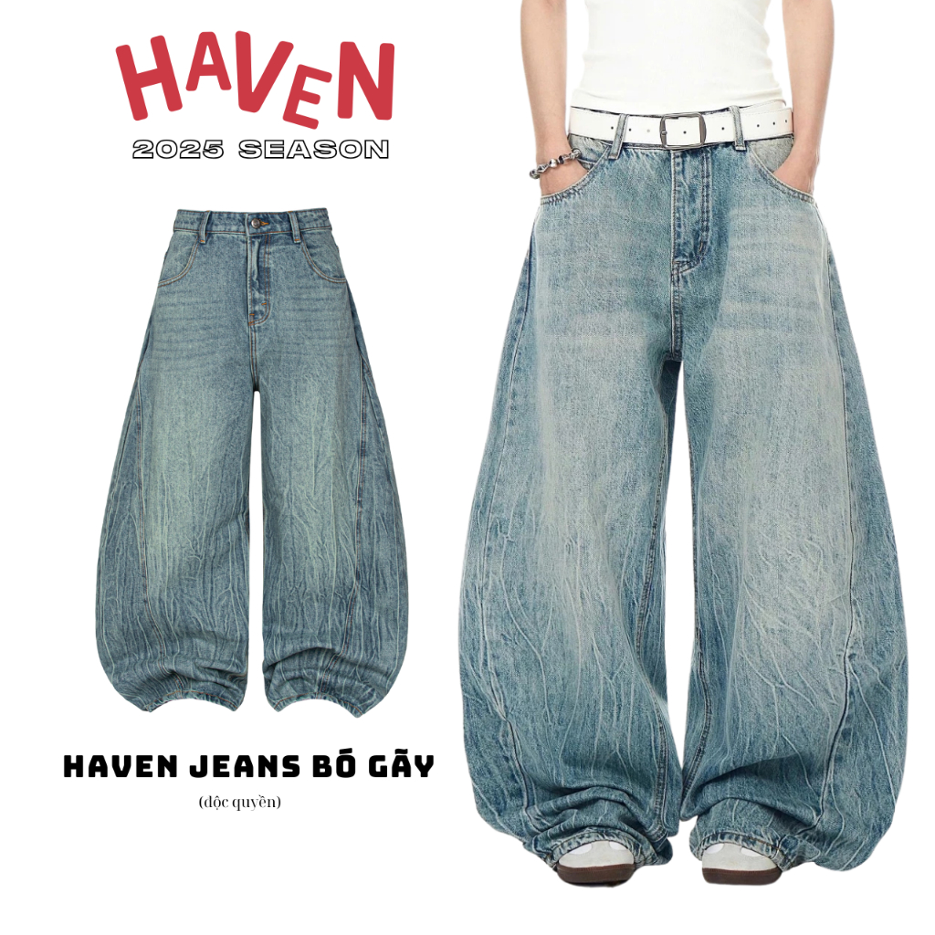 Quần jeans dài ống cong PREMIUM hiệu ứng WASH XANH BÓ GÃY nam nữ quần jeans Haven Studio