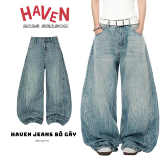  Quần jeans dài ống cong PREMIUM hiệu ứng WASH XANH BÓ GÃY nam nữ quần jeans Haven Studio 