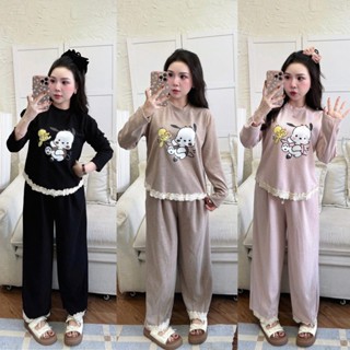  Set Bộ Đồ Nữ Len Tăm Lông Thỏ Áo Dài Tay In Cún Vịt Phối Viền Gấu Ren Mix Quần Suông Dài Ống Rộng Viền Ren 