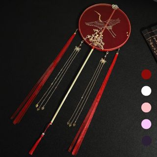  Quạt cầm tay cổ trang in hình hạc ép kim vàng nổi bật quạt múa phụ kiện chụp ảnh 