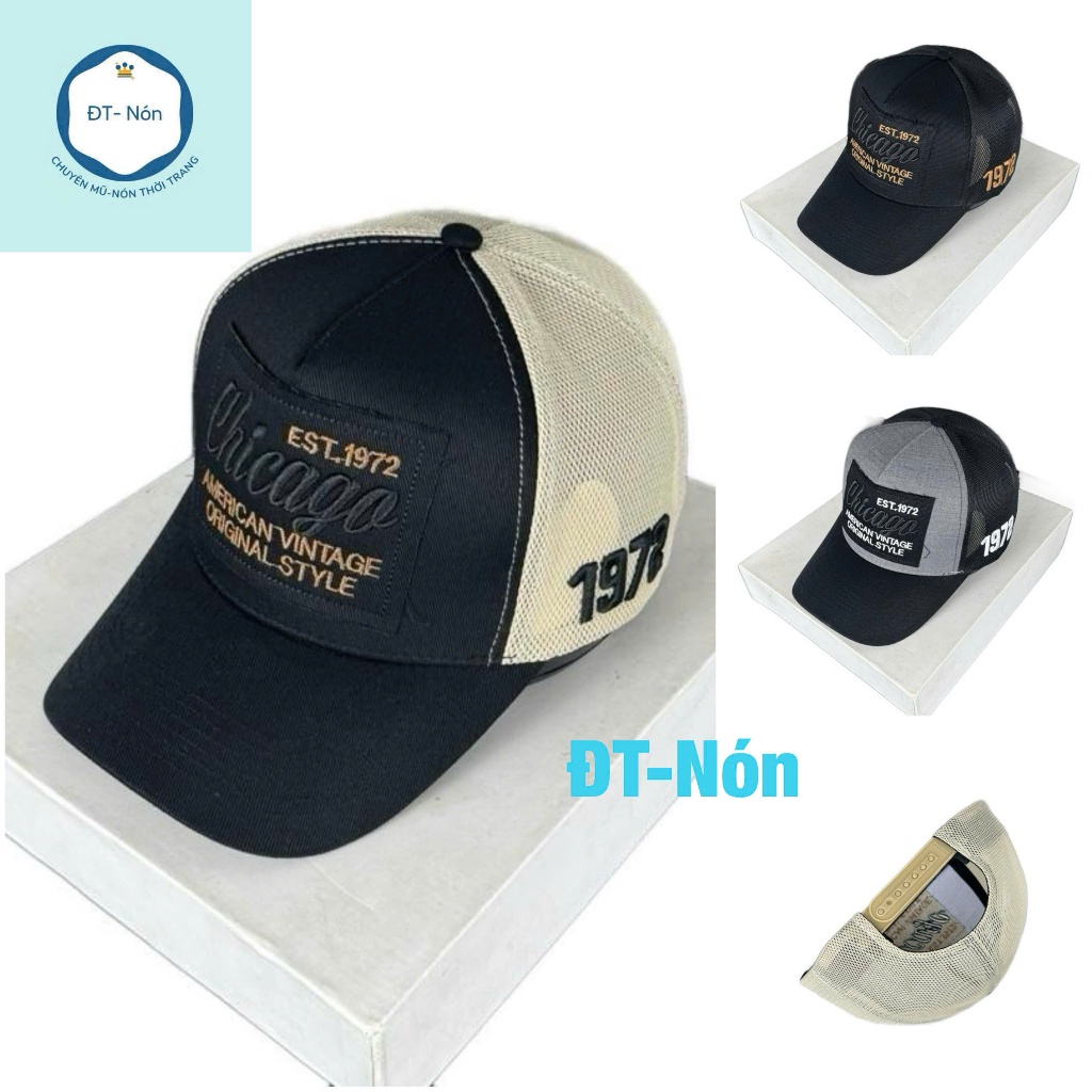 Nón kết nam phối lưới mềm thêu 1972 Chicago cực đẹp,Mũ lưỡi trai mạc thêu Chicago chất chơi thể thao