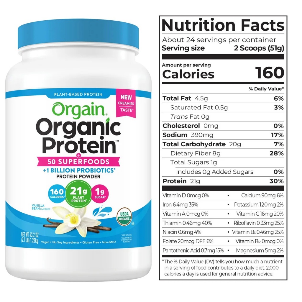 Orgain Organic Vegan Protein + 50 Superfoods Powder, Lactose Free, Gluten Free, No Added Sugar