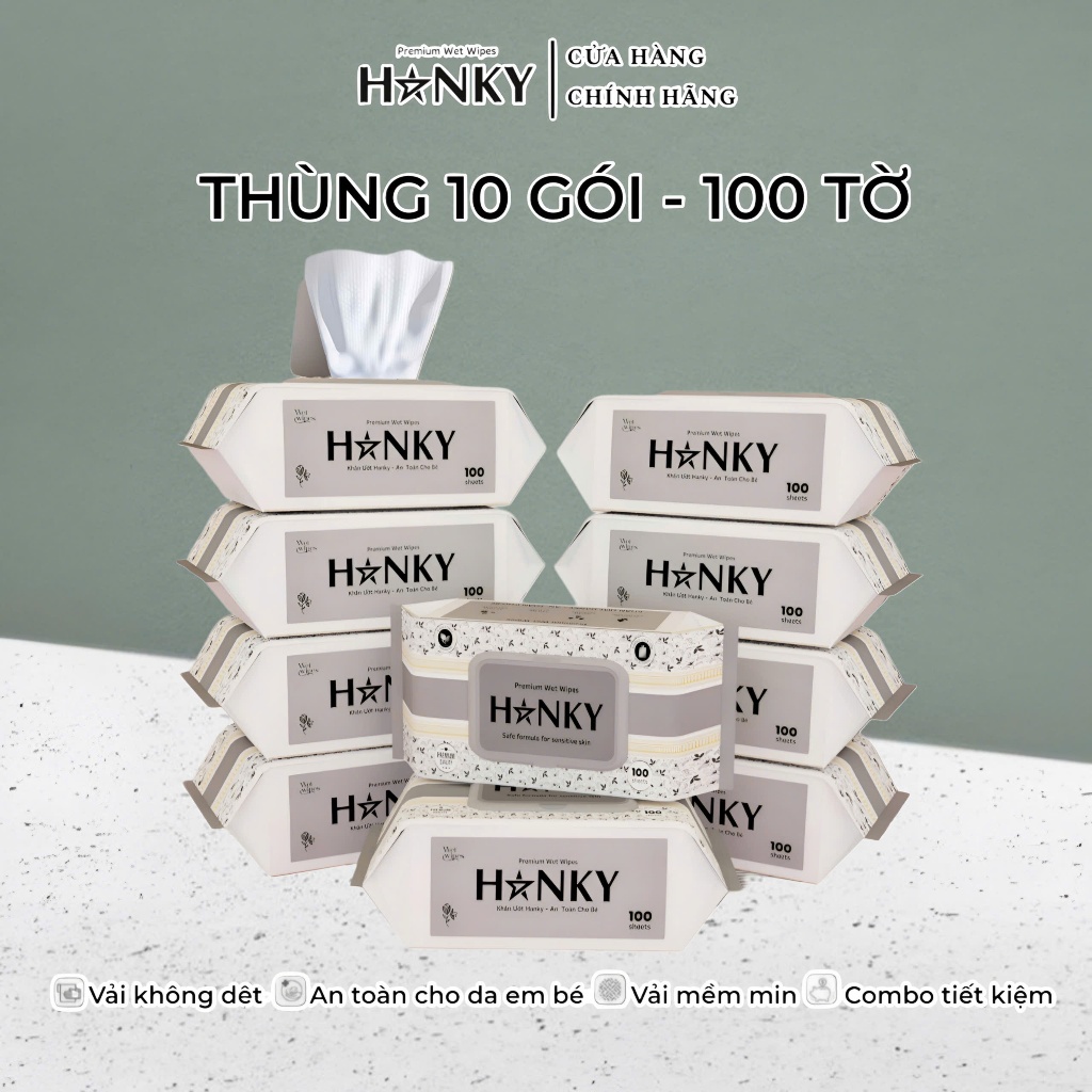 Thùng 10 Gói Khăn Ướt Hanky 100 Tờ Vải Bi Cao Cấp Không Paraben