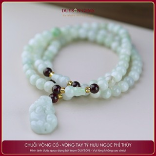  Vòng tay ngọc phỉ thúy Type A quấn 3 vòng mix đá Garnet charm Tỳ Hưu Duyson Gems 