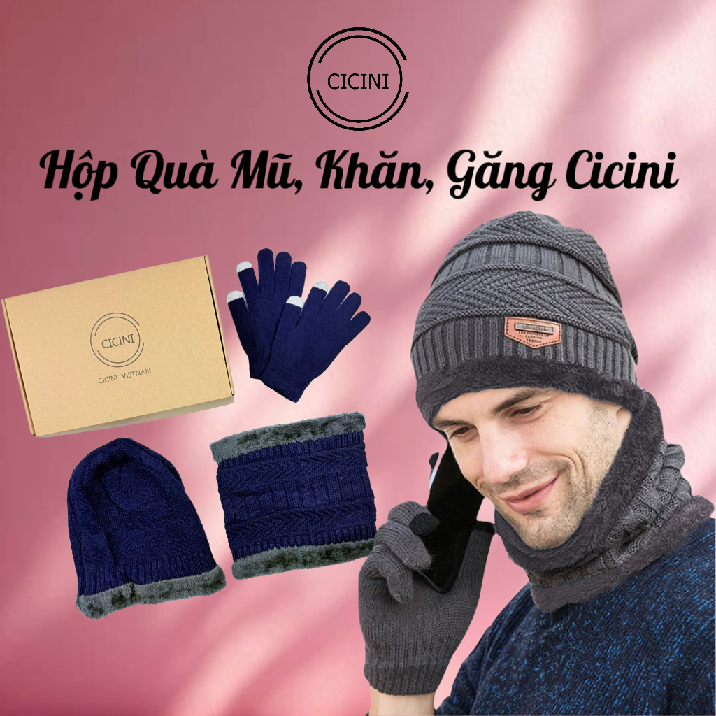 Set Mũ, Khăn Quàng Cổ Cicini Lót Lông Và Găng Tay Mã K08 Dành Cho Nam Nữ Mùa Đông Ấm Áp