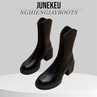  Giày Bốt Nữ lửng lót lông Lisa Đế Cao 6cm Boot Da Cổ Ngắn 2 Màu Đen Nâu - mã KT01 