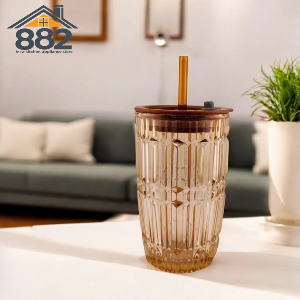 ly thủy tinh chống tràn có nắp kèm ống hút 500ml , cốc thủy tinh có nắp trống tràn dung tích 500ml