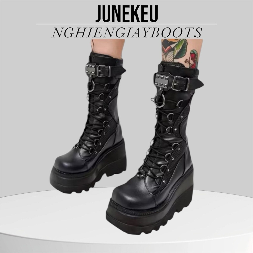 (SẴN 1 SỐ) Giày Boot cổ cao siêu phẩm quai đinh tán phong cách gothic có dây điều chỉnh ắp chân to đ