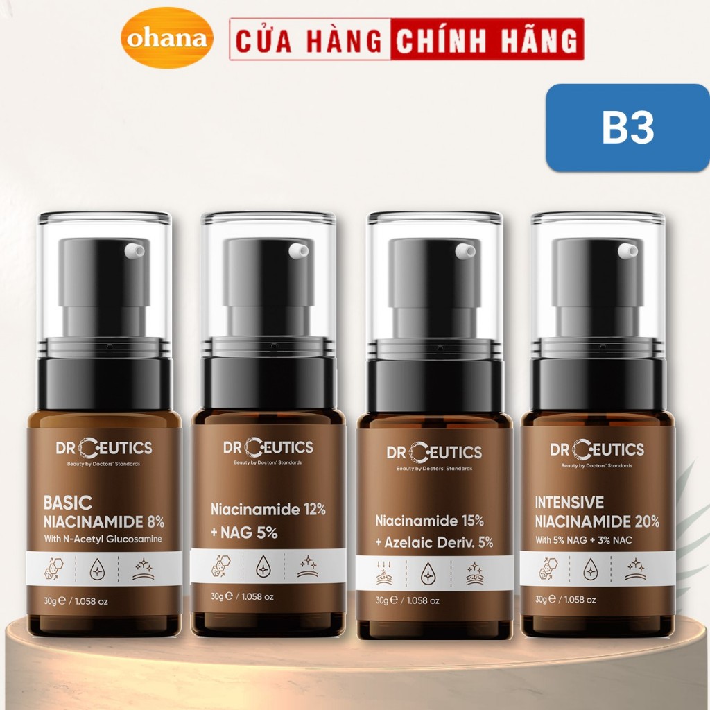 Tinh Chất B3 Niacinamide (8%/12%/15%/20%) DrCeutics Cho Da Dầu Mụn, Mờ Thâm, Sáng Da, Kiềm Dầu (30g/