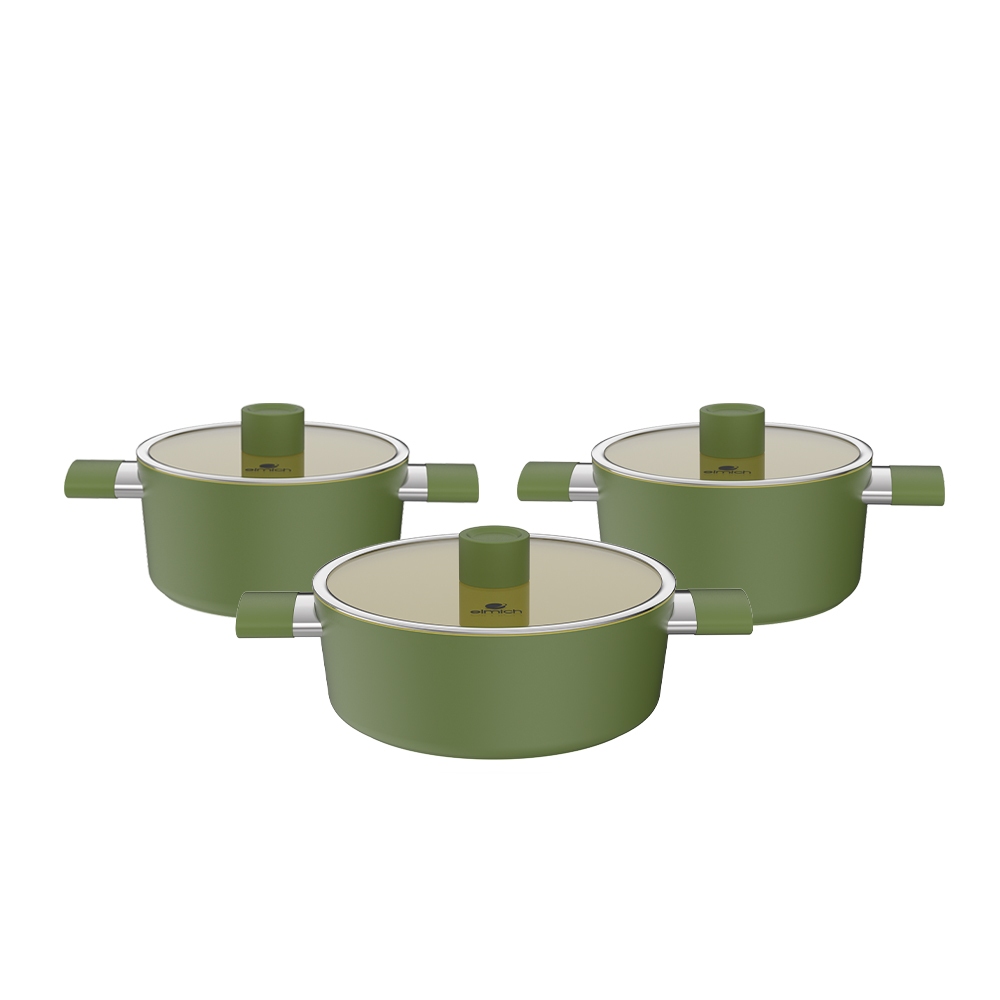 Bộ nồi phủ sứ an toàn Elmich Olive EL-5233OV03 — size 18, 20, 24cm- Bảo hành chính hãng 24 tháng