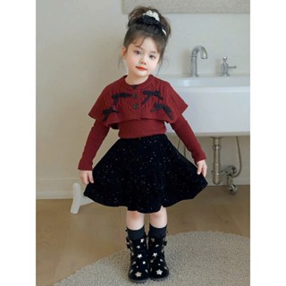    Hàng Loại 1  Đồ Tết cho bé gái Đồ bộ bé gái áo len mịn phối khăn choàng kèm chân váy nhung 8-32kg Baby Trendy 
