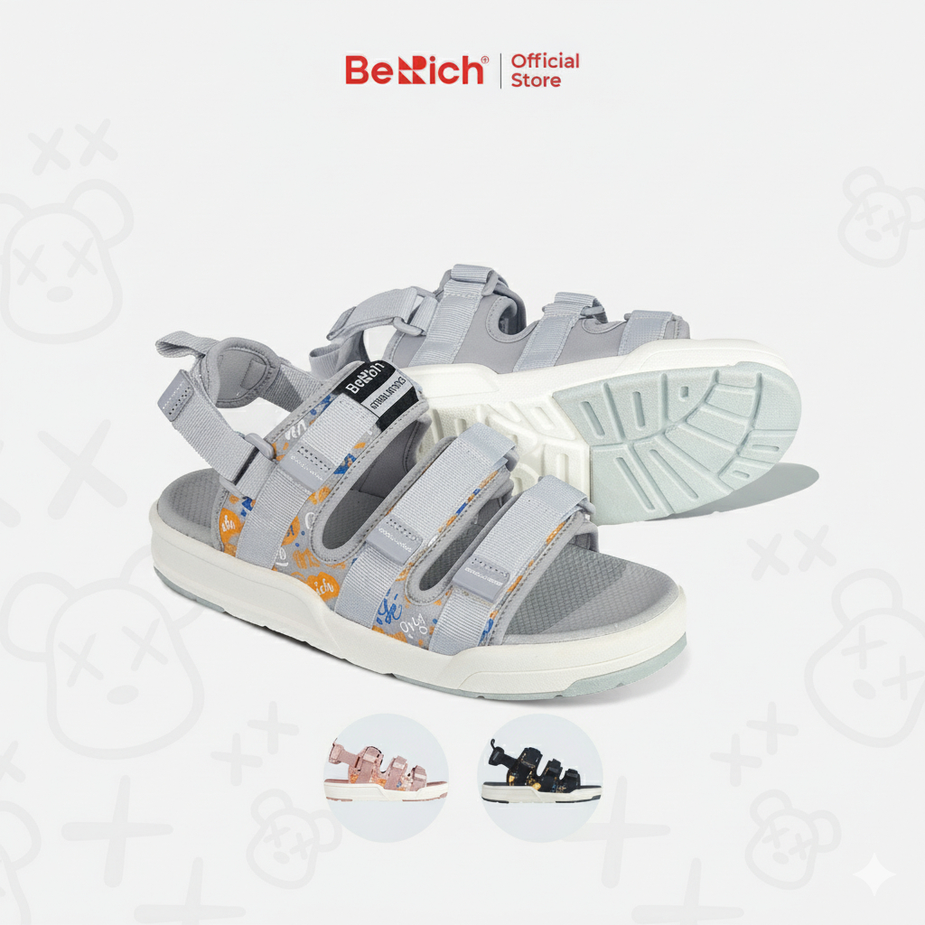 Giày Sandal 3 Quai Nam Nữ BeRich - BE1602 Signature IN hoạ tiết