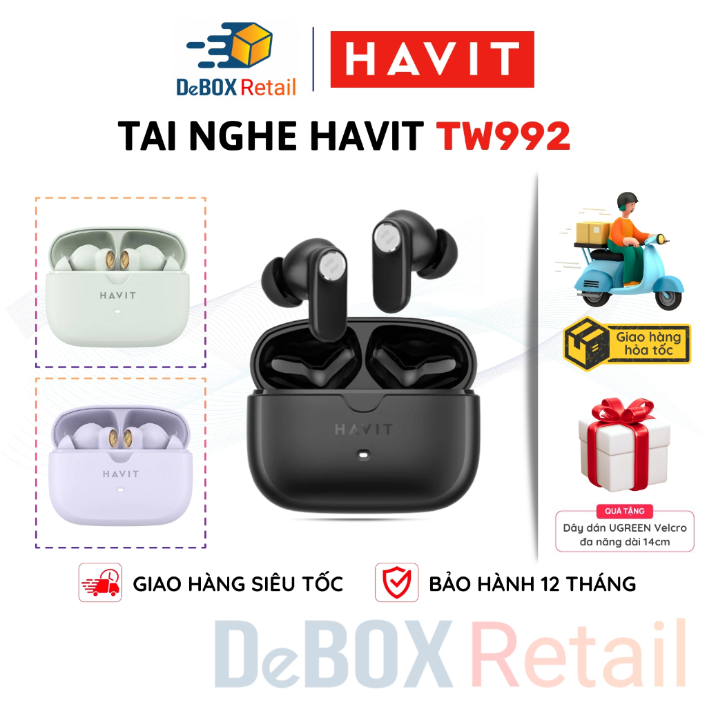 Tai Nghe Không Dây TWS HAVIT TW992 ANC, 4Mic ENC Khử Ồn, BT 5.4 Thiết Kế Công Thái Học, Driver 12mm, Nghe Nhạc Đến 5 Giờ