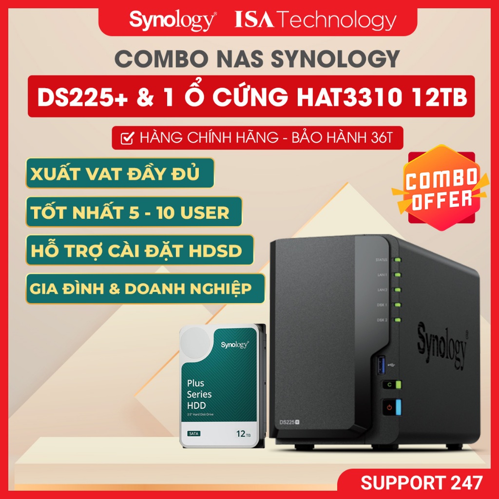 NAS Synology DS225+ kèm 1 ổ cứng HAT 3310 12T Thiết bị lưu trữ mạng 2 bay ổ cứng chính hãng