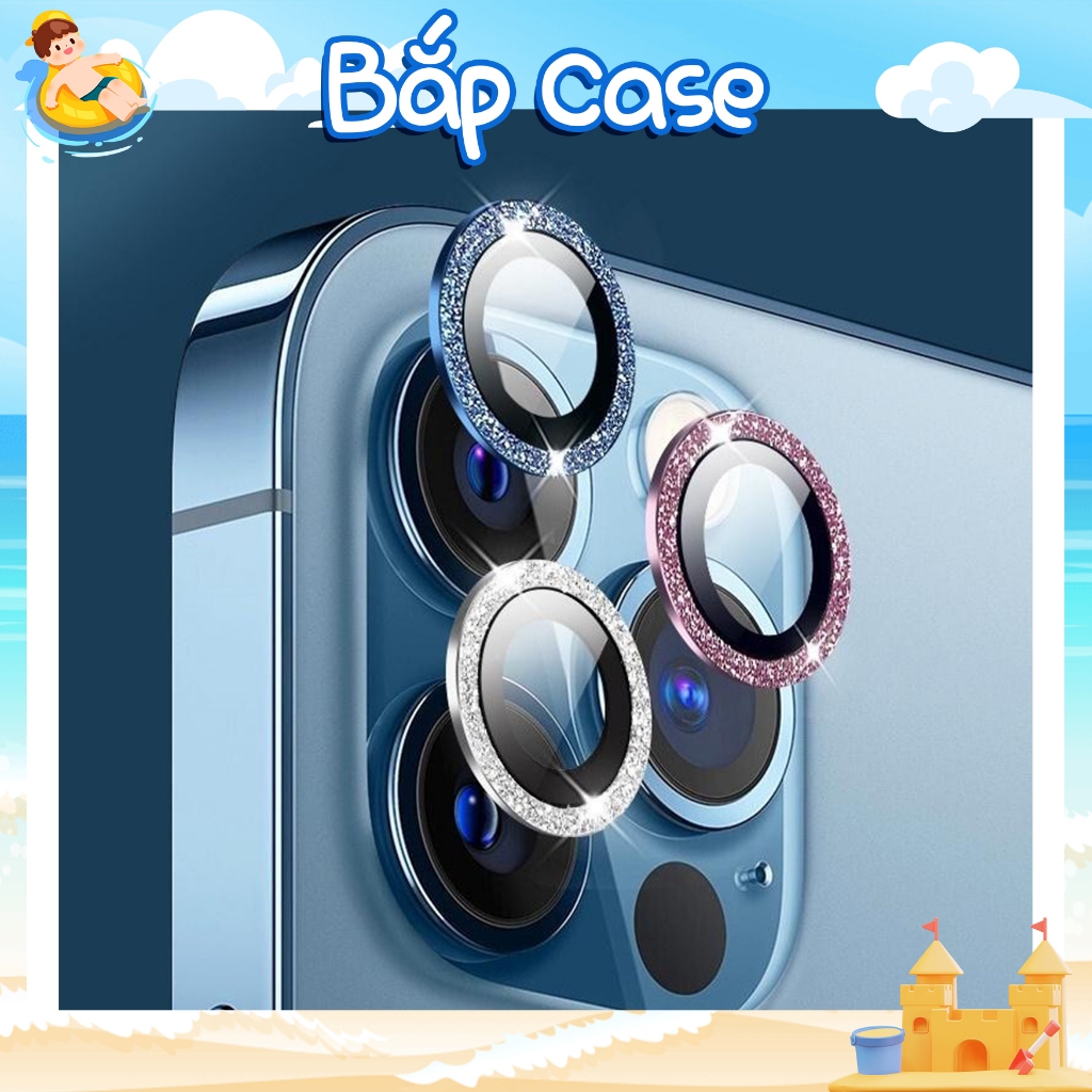 Kính Cường Lực Bảo Vệ Mắt Camera iPhone, Viền Kim Loại Đính Đá - Cho iP 11/12/13/14/15/16/17/Pro/Max