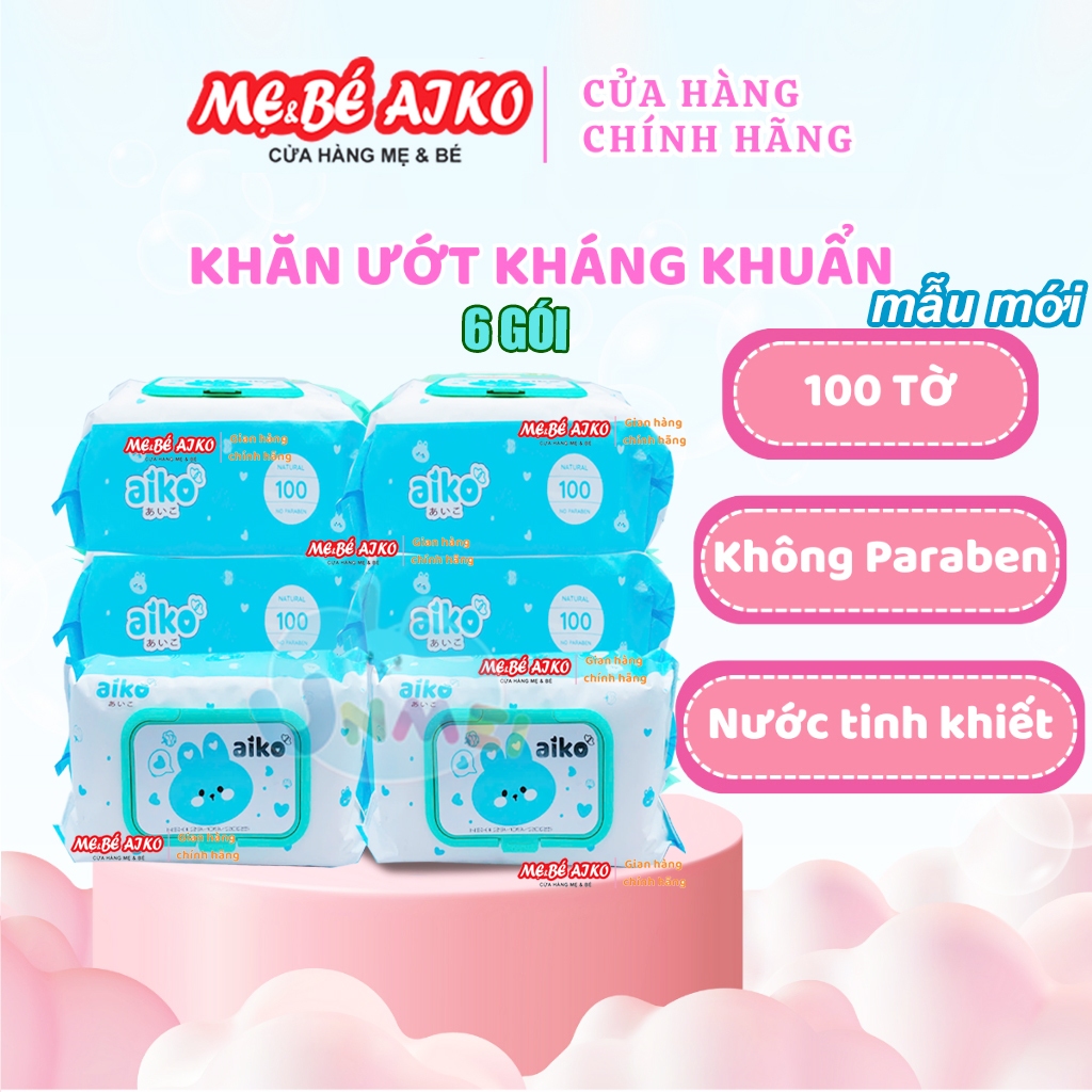 Bộ 6 Gói Khăn Ướt Aiko Kháng Khuẩn 100 tờ/Túi