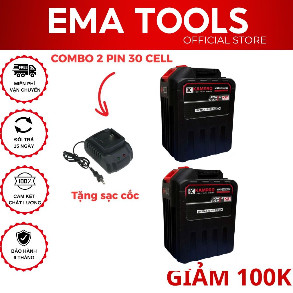 [COMBO 2 PIN 30 CELL TẶNG SẠC] - Pin 30Cell KAMPRO 8 Mosfet Có Đèn Báo Dung Lượng Pin, Chân Pin Phổ 