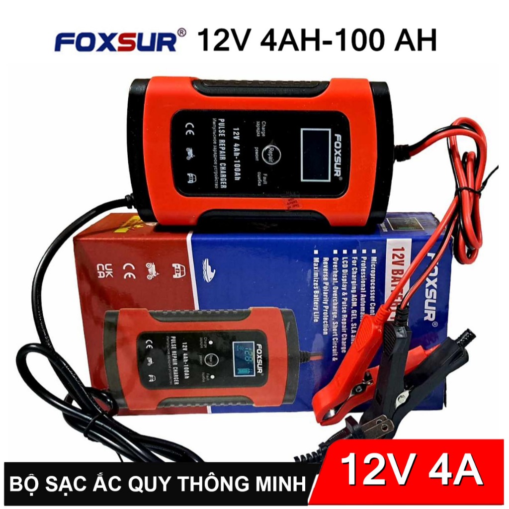 Sạc bình ắc quy 12V (4Ah-100AH) FOXSUR Thông Minh – Sạc Nhanh, Tự Ngắt, An Toàn Tuyệt Đối