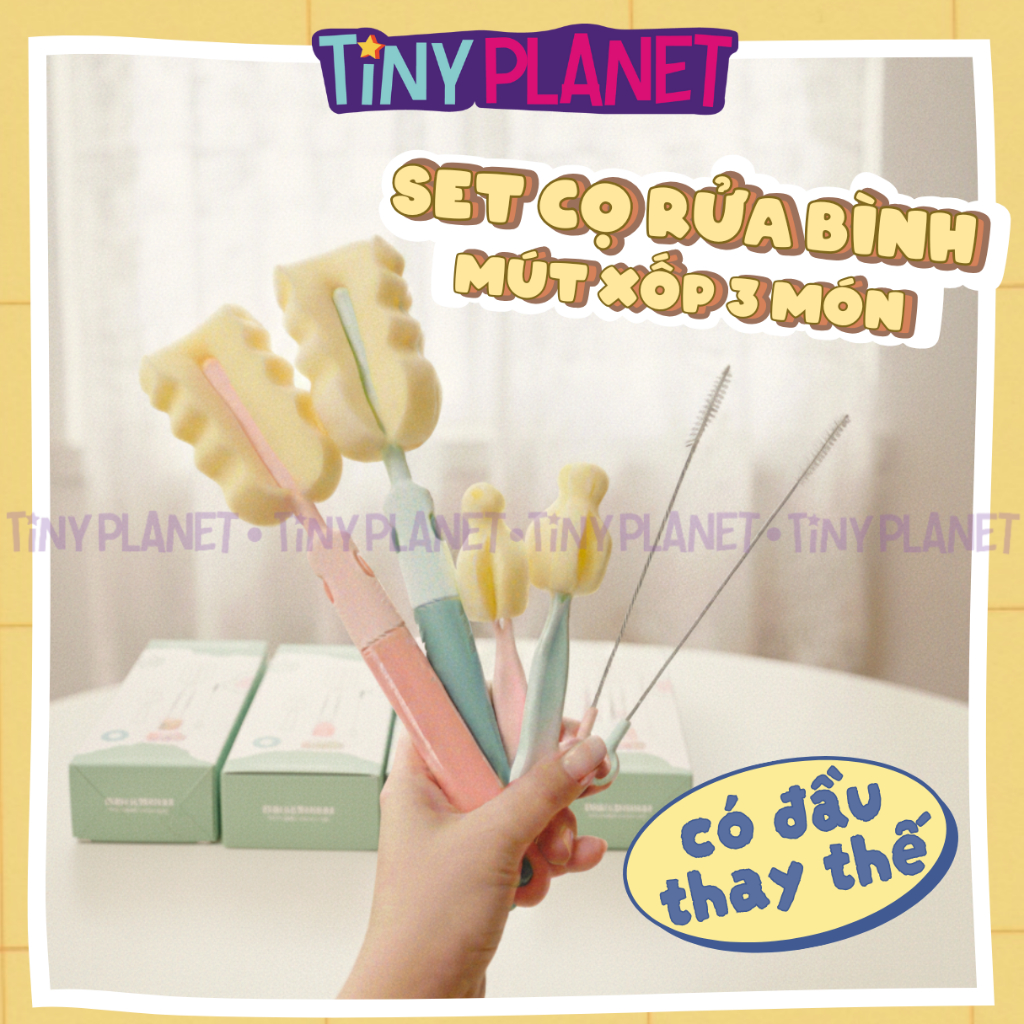 Cọ rửa bình sữa mút xốp 3 chi tiết Tiny Planet gồm cọ bình, cọ núm ti, cọ ống hút có đồ thay thế