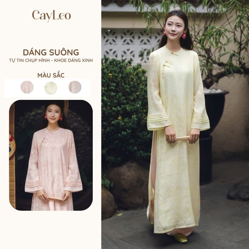Áo dài Thanh Anh dáng suông tân nữ cổ tròn tơ gấm hoa chìm CayLeo House - AD03