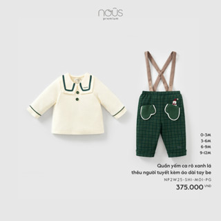  Nous Noel Baby Quần yếm ca rô xanh lá thêu người tuyết kèm áo dài tay be cho bé trai dưới 10.5kg BST T11 