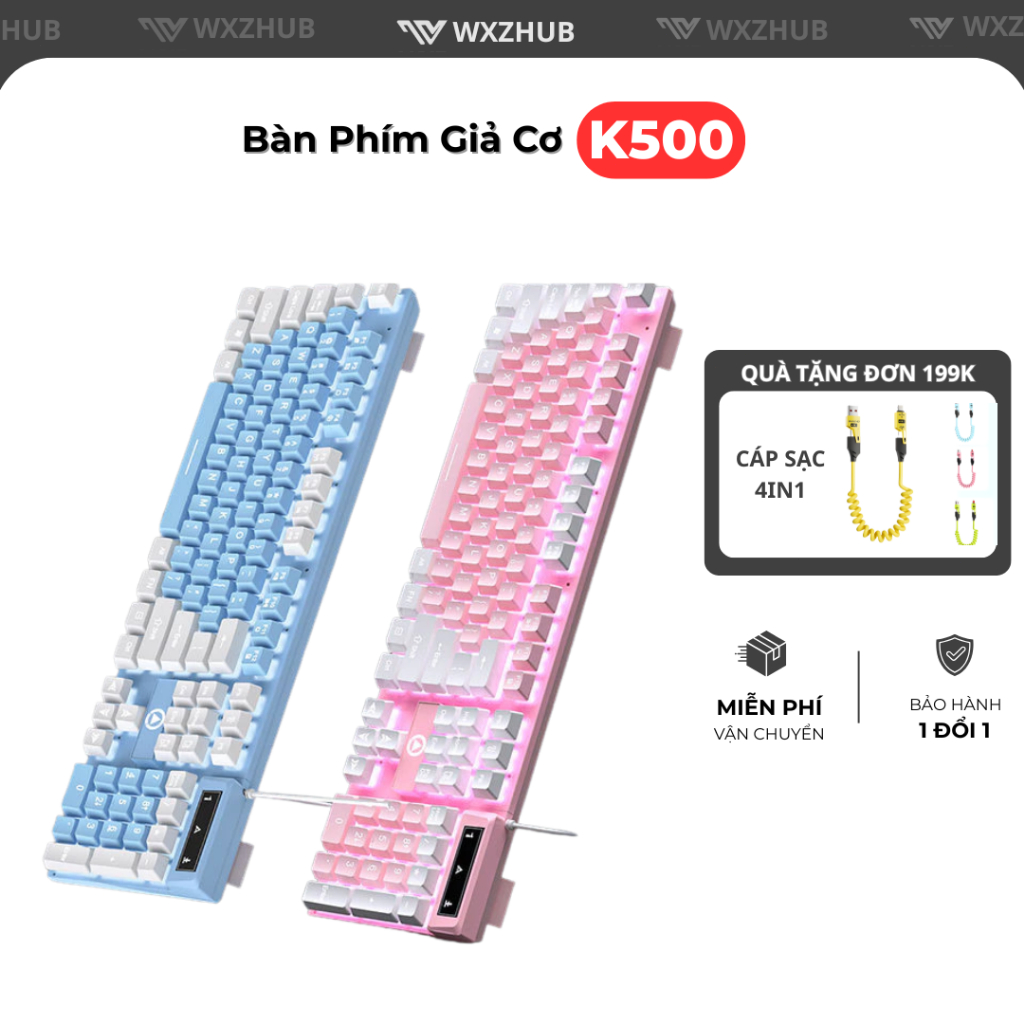Bàn Phím Giả Cơ K500 Kèm LED RGB, Bàn Phím Gaming Full 104 Phím, Kết Nối Có Dây