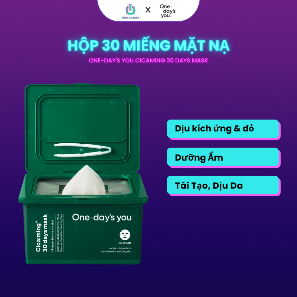 Hộp 30 miếng Mặt Nạ/ Daily Mask Giảm Mụn, Dưỡng Ẩm, Tái Tạo, Dịu Da | ONE-DAY'S YOU Cicaming 30 Days