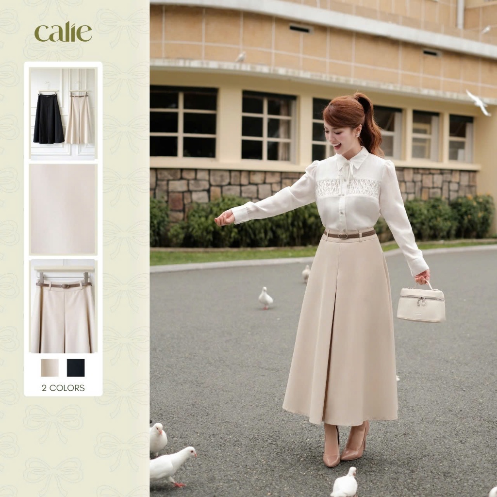 (Silent Sound) Chân váy kaki xếp ly thân trước, chất liệu cao cấp đứng form thời trang thiết kế Cali