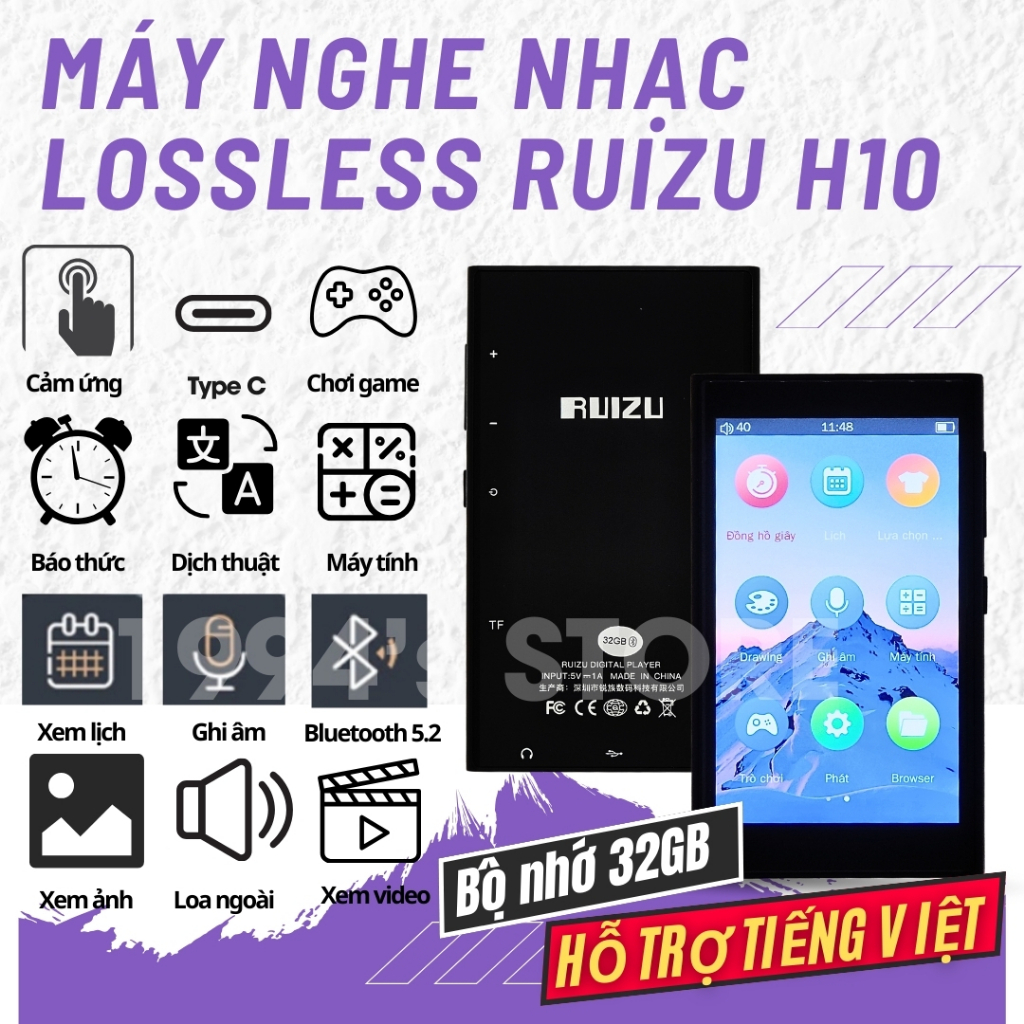 Máy Nghe Nhạc RUIZU H10 Bản 2026 Bluetooth 5.2 Bộ nhớ 32Gb  - Màn hình lớn có cảm ứng - Loa ngoài xe