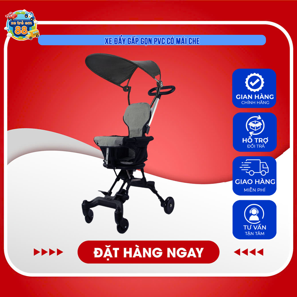 Xe Đẩy Gấp Gọn PVC Có Mái Che Cho Bé Đi Du Lịch Siêu Gọn Nhẹ Đa Chức Năng xe dayem Beige Có thể gấp