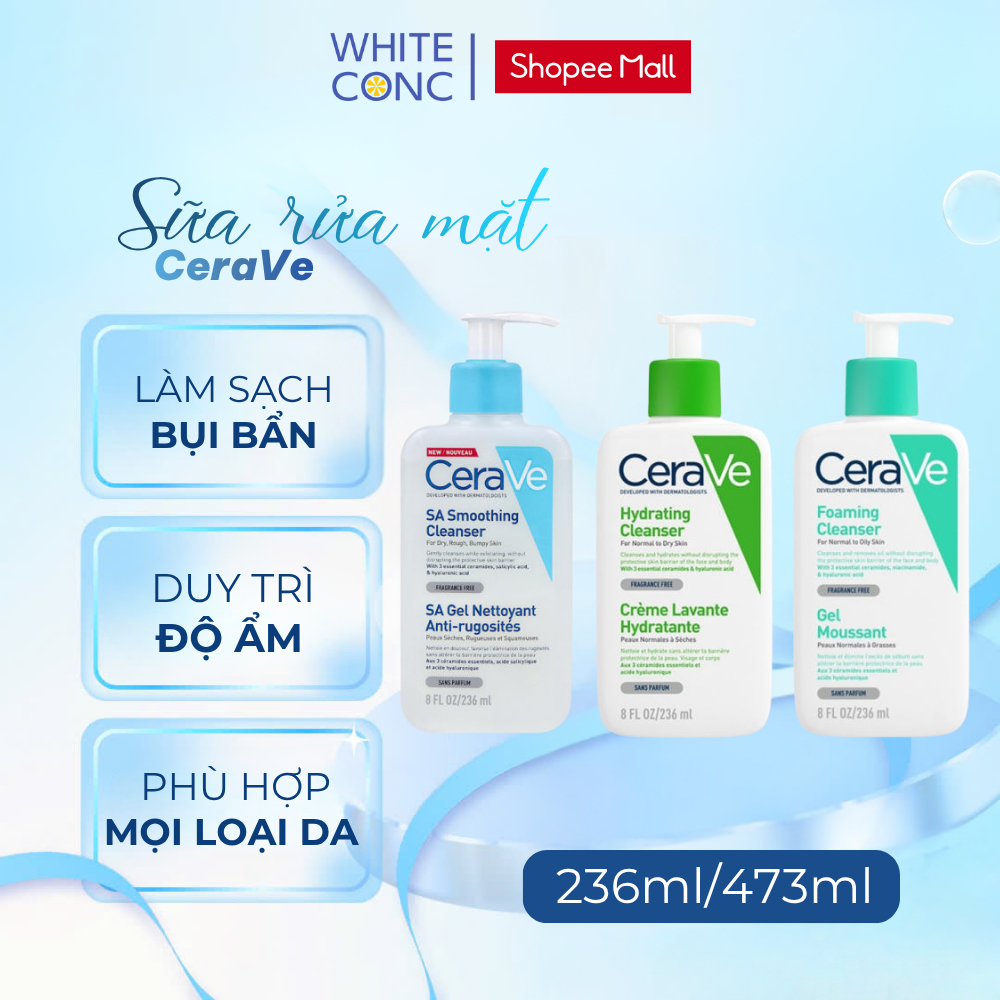 Sữa Rửa Mặt CeraVe SA Smoothing, Hydrating, Foaming Cleanser White Conc 88ml – 236ml – 473ml