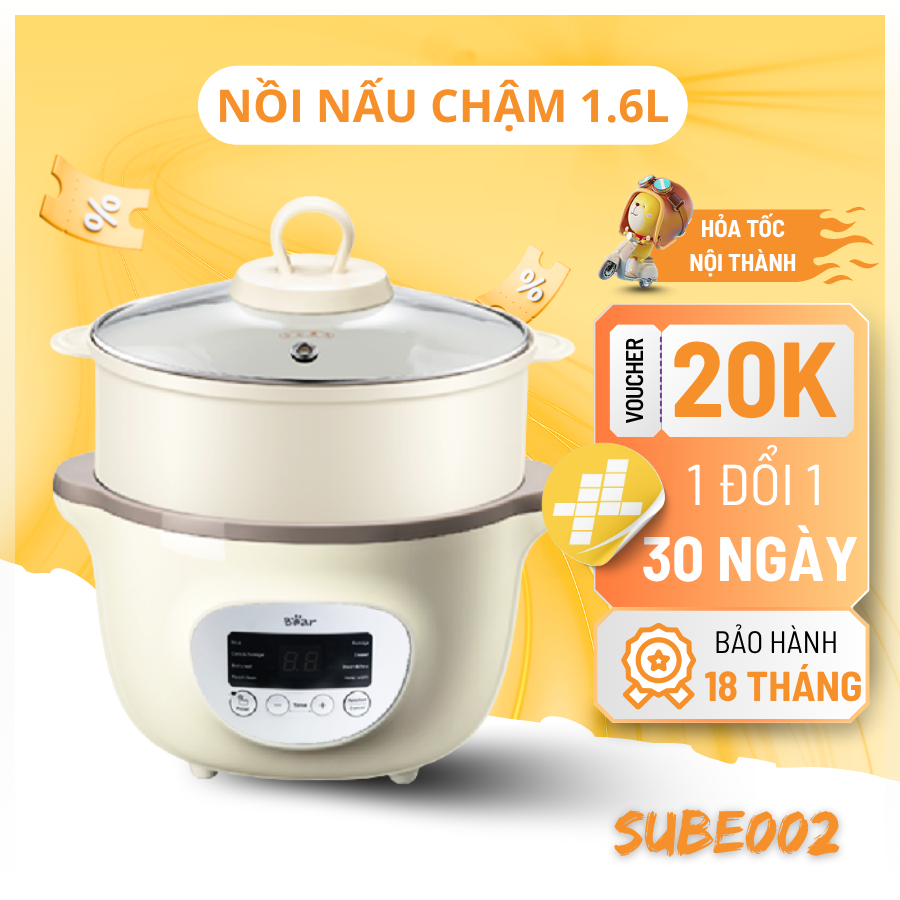 Nồi Nấu Chậm Bear 1,6L 8 Chế Độ Nấu Cách Thủy Kèm Xửng Hấp Bản Tiếng Việt SUBE002