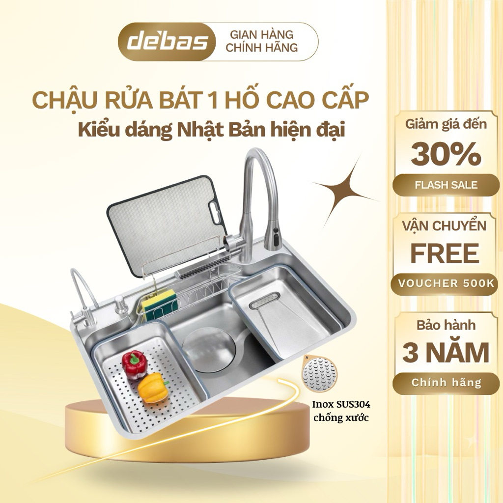 Chậu rửa bát 1 hố inox 304 kiểu dáng nhật bản chậu 1 hố to inox 304 dập hiện đại cao cấp Debas 8248E