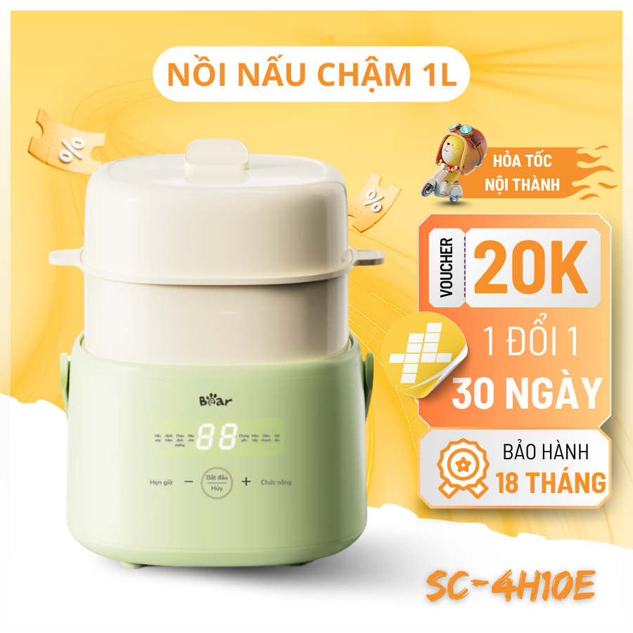 Nồi Nấu Chậm Bear 1L 8 Chế Độ Nấu Cách Thủy Bản Tiếng Việt Bảo Hành 18 Tháng SB-NNC10 SC-4H10E