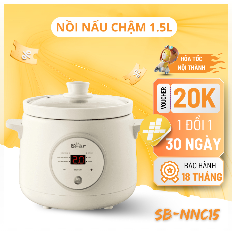 Nồi Nấu Chậm 1,5L Bear 6 Chức Năng Nấu Bảo Hành Chính Hãng 18 Tháng Bản Tiếng Việt SB-NNC15