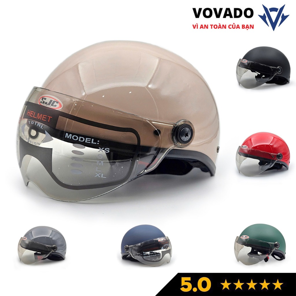 Nón bảo hiểm nửa đầu có kính chính hãng SJC, phù hợp cả nam, nữ, freesize 55-58cm, nhiều màu
