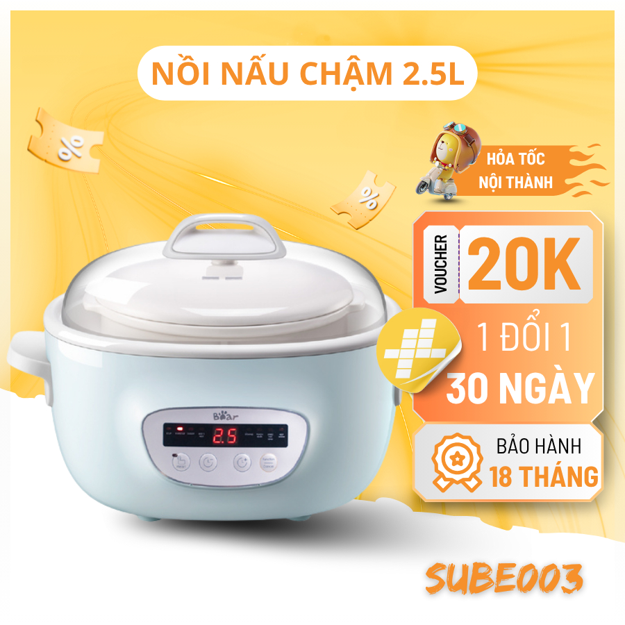 Nồi Nấu Chậm Bear 2,5L 8 Chế Độ Nấu Cách Thủy Kèm Xửng Hấp Bản Tiếng Việt Bảo Hành 18 Tháng SUBE003