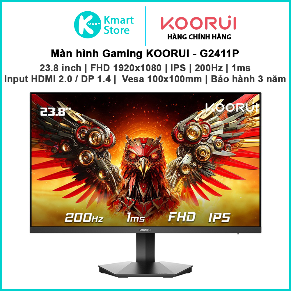 Màn hình Gaming Koorui G2411P | 23.8" IPS / 200Hz / Full HD / HDMI 2.0 + DP 1.4 | Bảo hành 3 năm