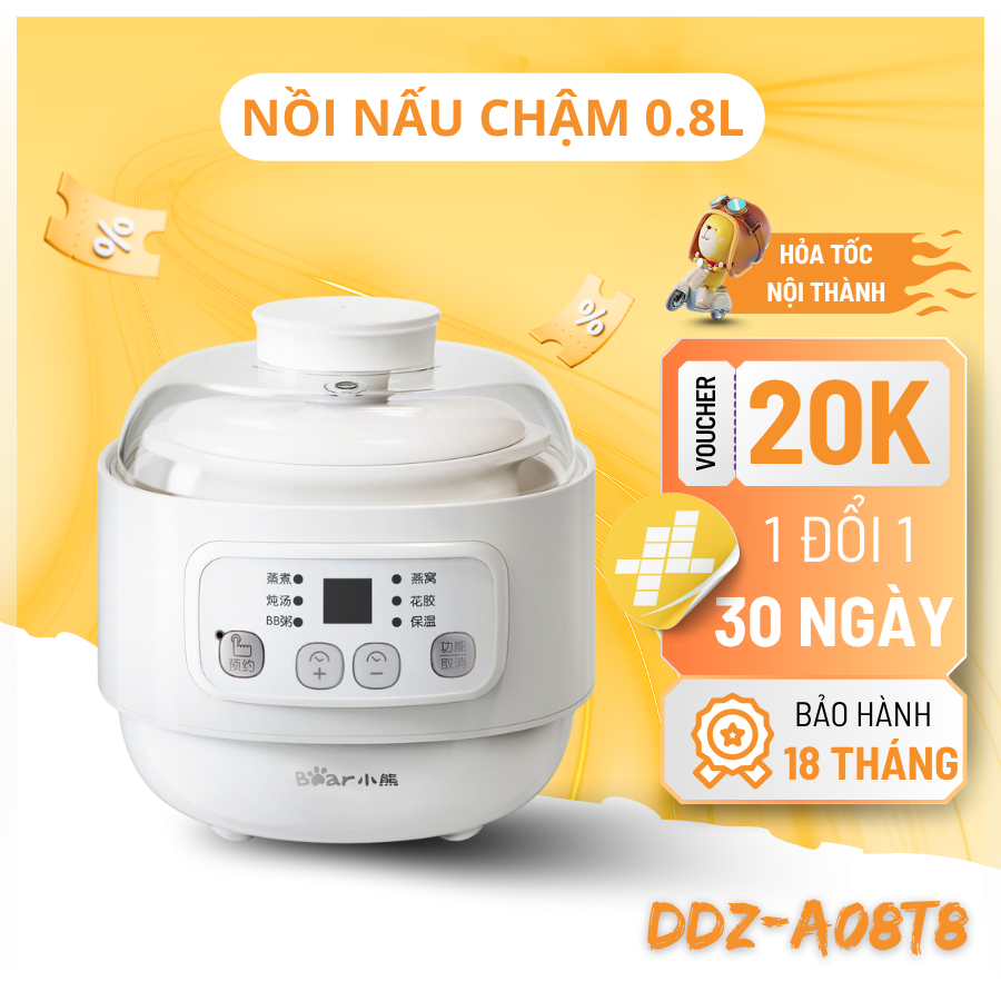 Nồi Nấu Chậm Bear Cách thủy 0.8L, Chính Hãng Bảo Hành 18 Tháng DDZ-A08T8