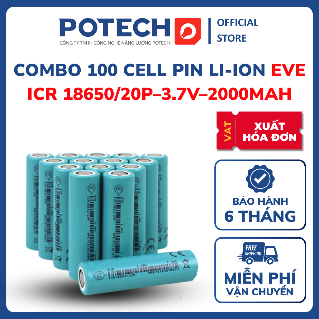 Combo 100 cell pin 18650 Li-ion EVE ICR 18650/20P–3.7V–2000mAh xả 30A liên tục