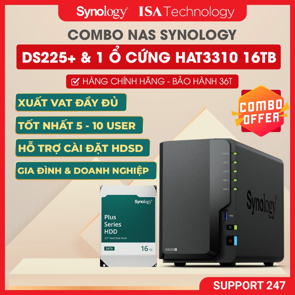 [COMBO] NAS Synology DS225+ kèm 1 ổ cứng HAT 3310 16T Thiết bị lưu trữ mạng 2 bay ổ cứng chính hãng