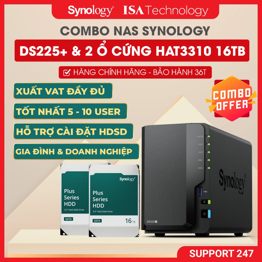 NAS Synology DS225+ kèm 2 ổ cứng HAT 3310 16T Thiết bị lưu trữ mạng 2 bay ổ cứng chính hãng