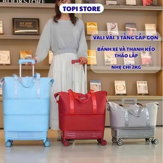  Túi du lịch 3 tầng gấp gọn đa năng có thanh kéo túi đựng đồ size lớn có bánh xe kéo vali vải đựng hành lí chống nước 