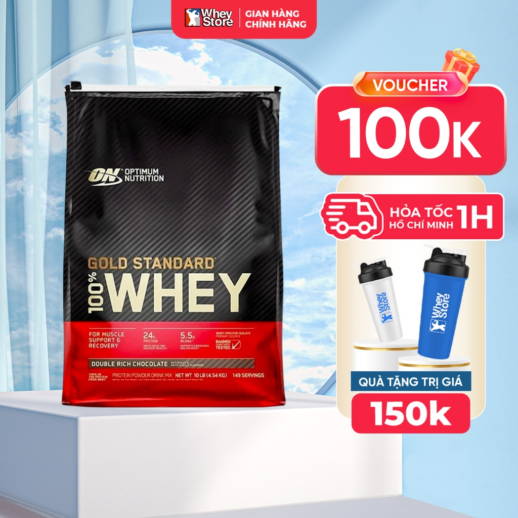 Thực phẩm bổ sung Optimum Nutrition Gold Standard 100% Whey, Bột protein tập gym túi 10lbs Chính Hãn