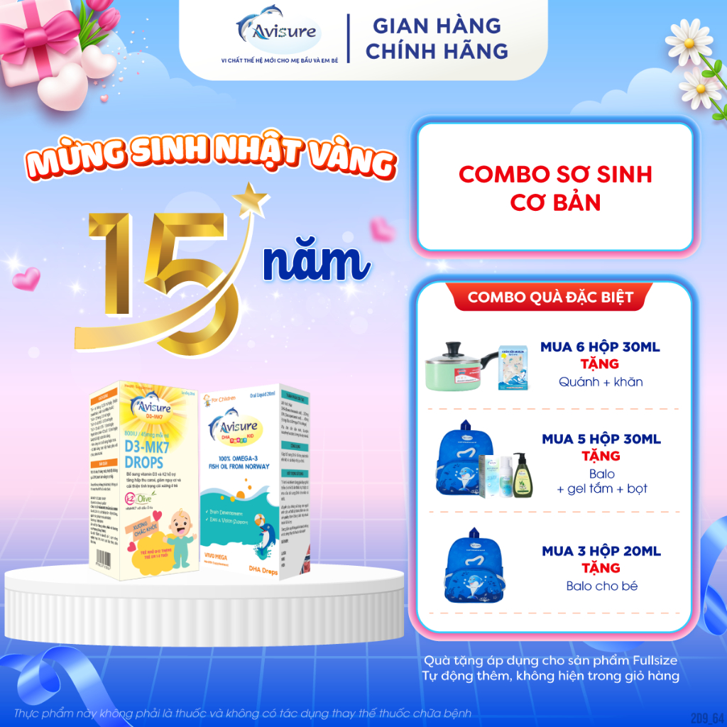 TPBVSK Combo 2 hộp D3K2 DHA cho bé Avisure hỗ trợ bé chắc xương răng, phát triển não bộ