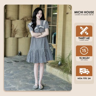  Đầm Suông Đuôi Cá Michi House Váy Xuông Kẻ Caro Cổ Nơ Tay Ngắn Dáng Dài Đến Gối K225 